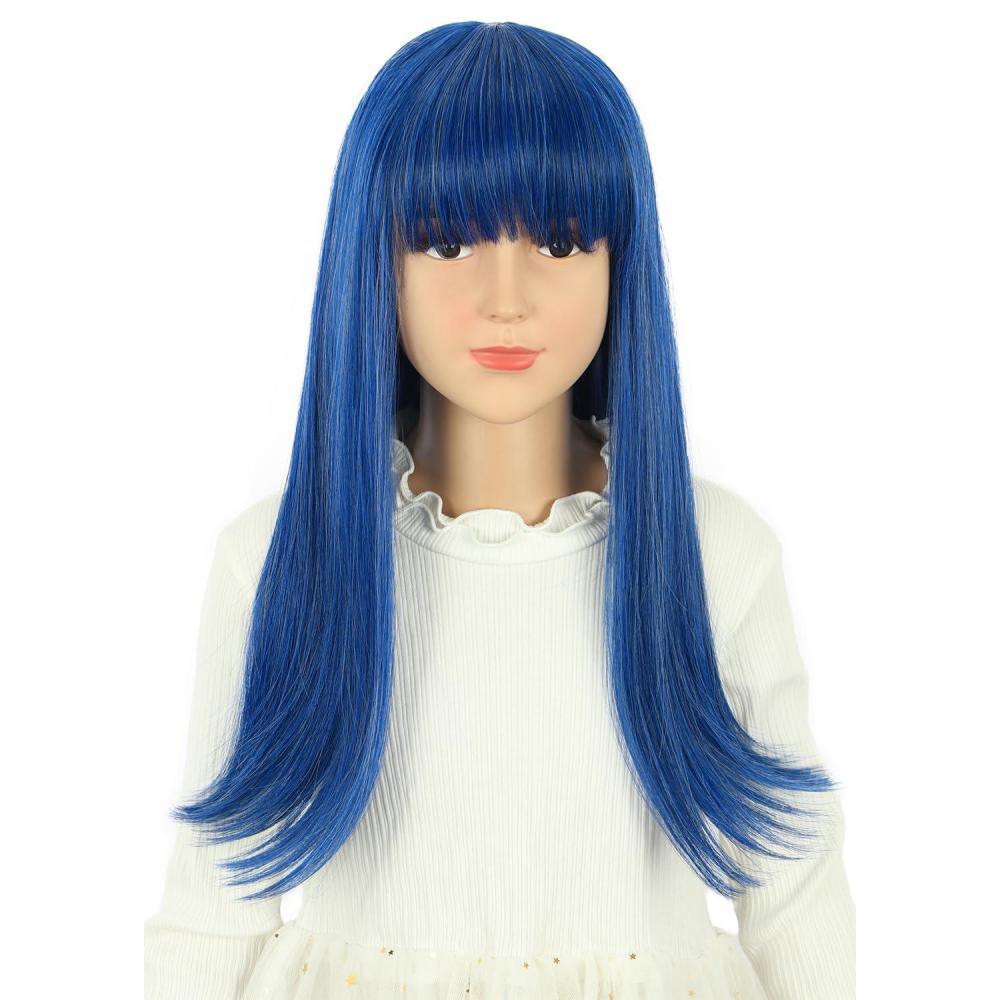 imagekarlery Girls Long Straight Blue Wig with Bangs Halloween Cosplay Party Costume Wig