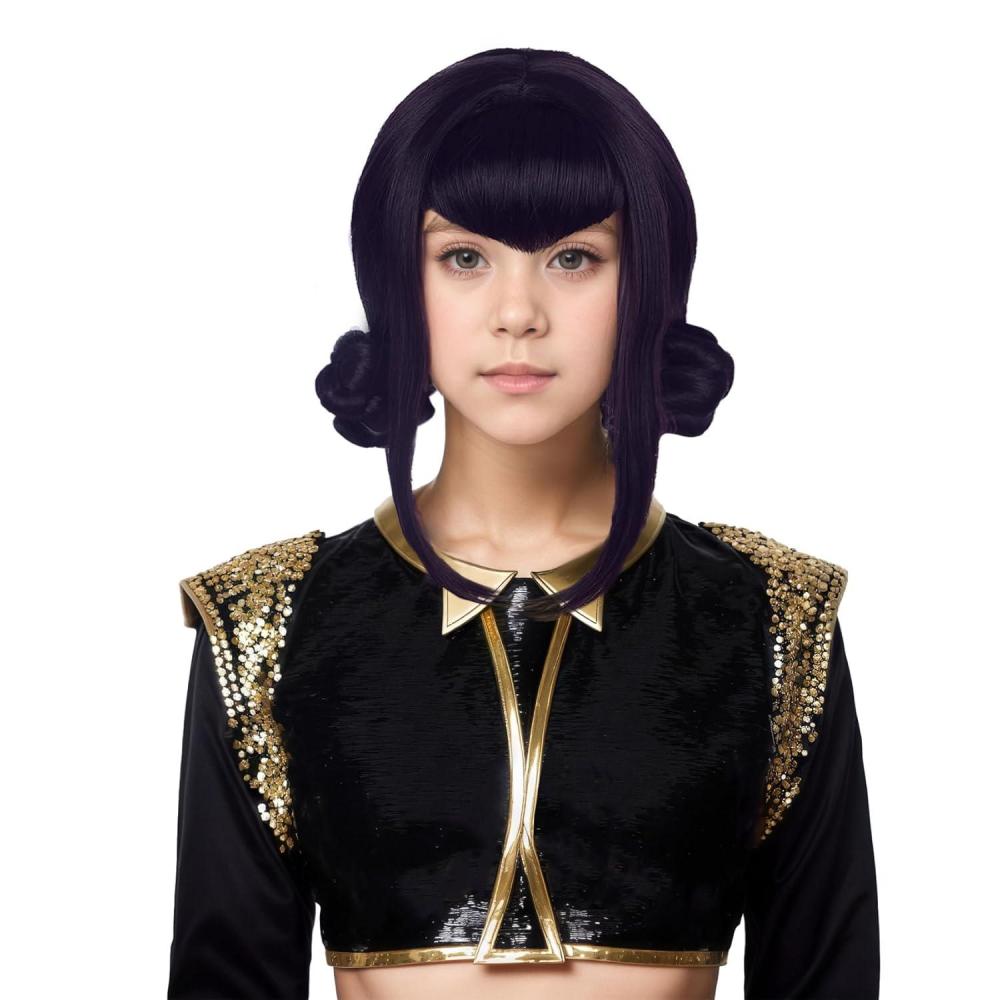 imagekarlery Girls Short Black Deep Purple Wig with 2 Buns Cartoon Anime Movie Cosplay Wig Heat Resistant Synthetic Fiber Brethable Adjustable Size for Halloween Costume PartyBlack Purple