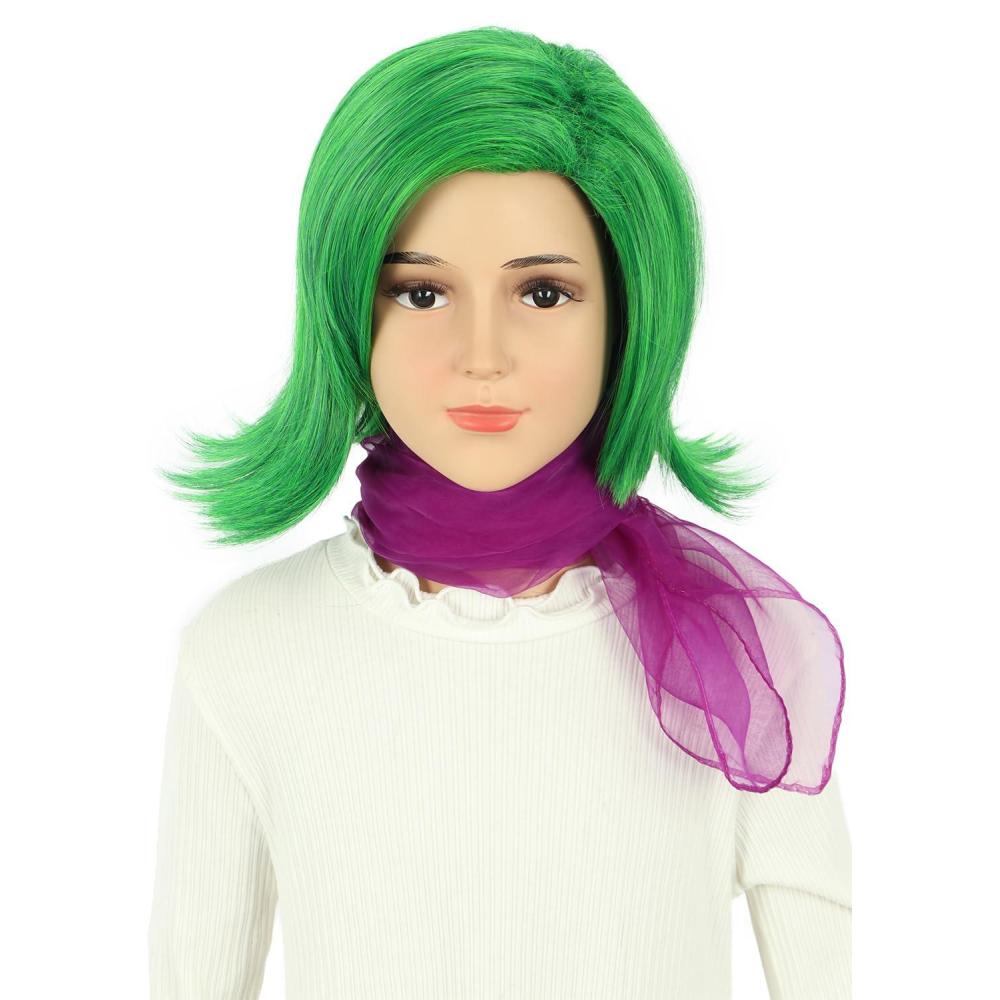 imagekarlery Girls Short Green Wavy Wig with Purple Scarf Halloween Cosplay Party Costume WigGreen Wig with Scarf
