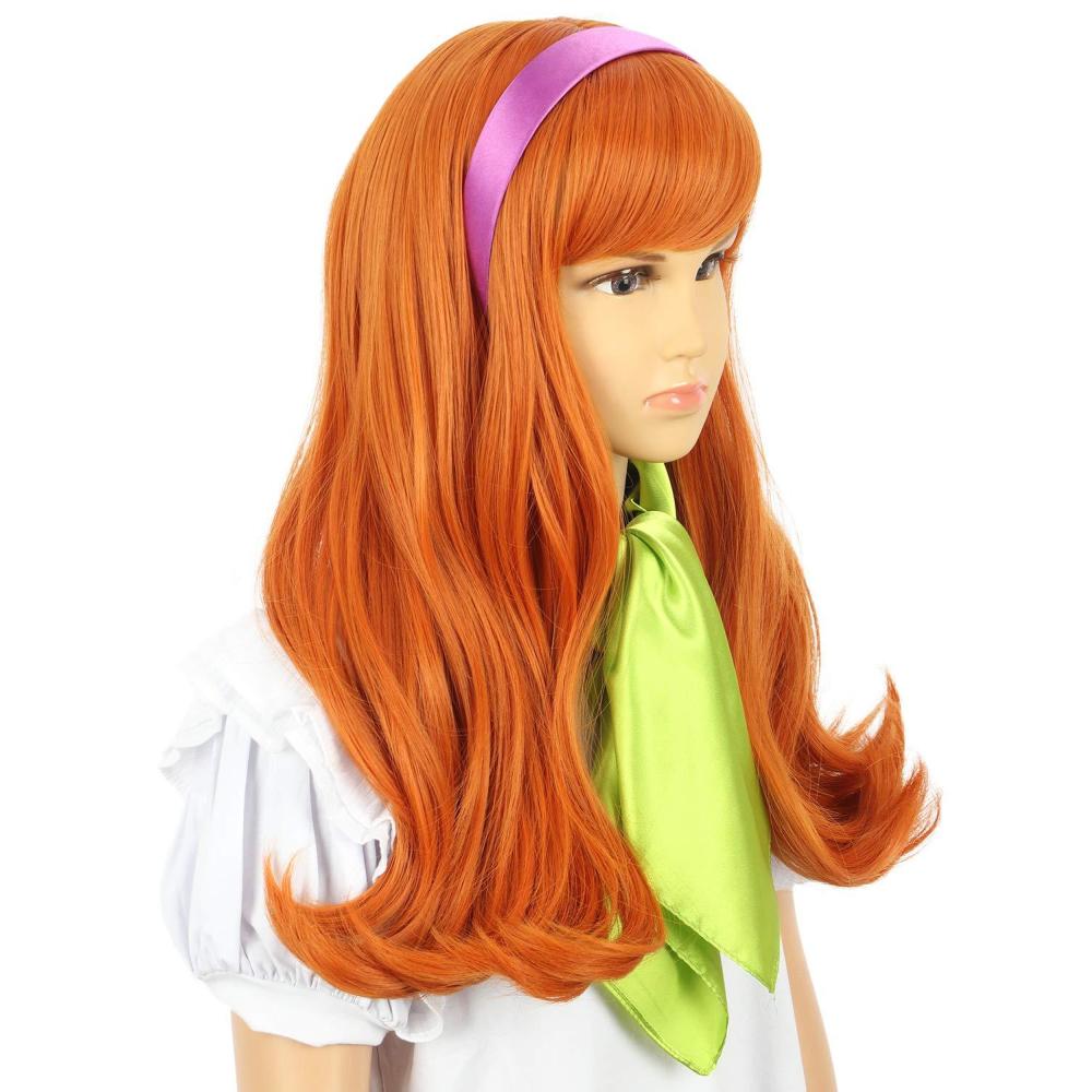 imagekarlery Kids Girls Long Curly Orange Wig with Bangs Halloween Cosplay Costume Wig Free Purple Headband and Wig Cap
