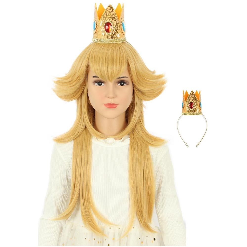 imagekarlery Kids Girls Long Golden Princess Costume Wig with Crown Halloween Cosplay Party WigGirls
