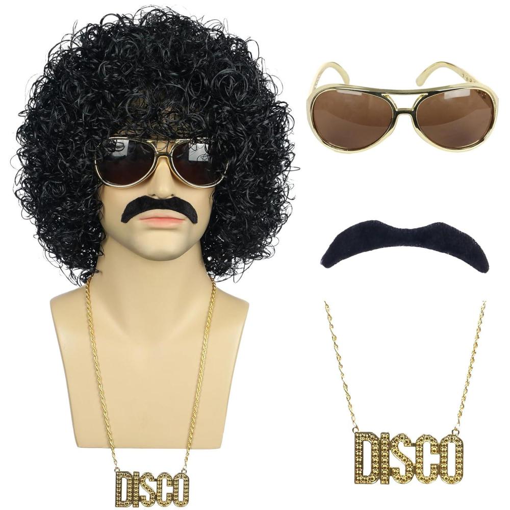 imagekarlery Men Women Rocker Short Bob Curly Brown Gold Mustache Beard Disco Wig California Halloween Cosplay Afro Wig Anime Costume Party WigBlack