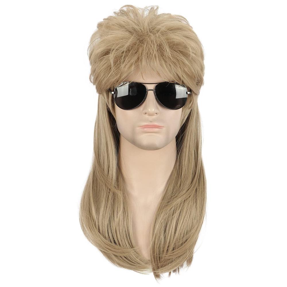 imagekarlery Mens Womens Long Blonde Straight Wig with Black Glasses 70s 80s Streetwear Mullet Heavy Metal Punk Outfit Funny Wig Heat Resistant Synthetic Fiber Cosplay Halloween Costume Party WigBlonde