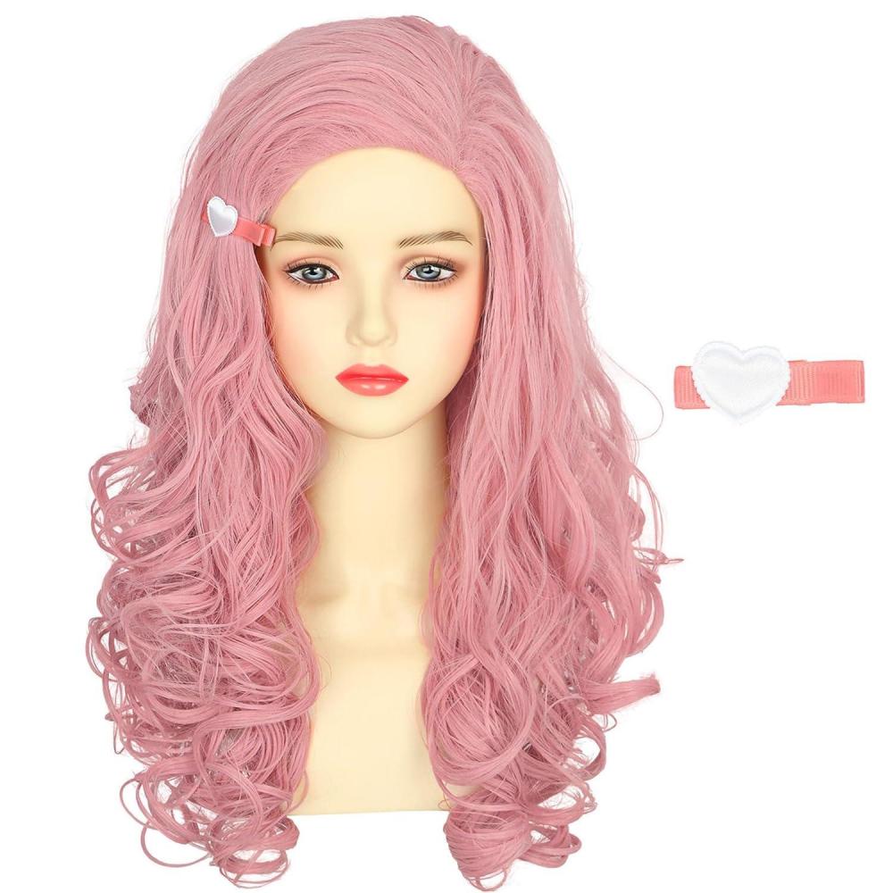 imagekarlery Women Adult Long Pink Wave Wig with Barrette Halloween Cosplay Party Costume Wig