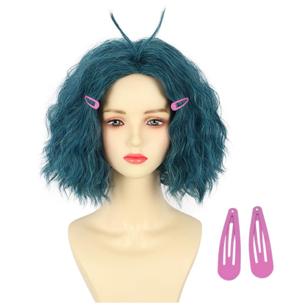 imagekarlery Women Adult Short Green and Blue Curly Wig with 2 Hairpins Halloween Cosplay Party Costume Wig