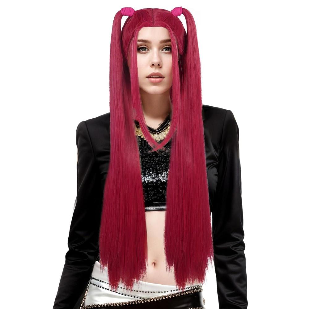 imagekarlery Women Long Straight Hot Pink Wig with 2 Ponytails Cartoon Anime Movie Cosplay Adult Wig Heat Resistant Synthetic Fiber Brethable Adjustable Size for Halloween Costume PartyHot Pink