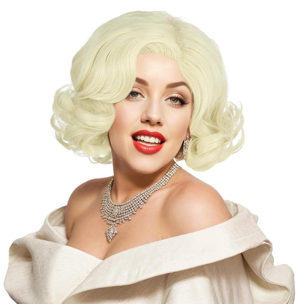 imagekarlery Women Short Wavy Platinum Blonde Wig 1920s Classic Vintage Flapper Wig Heat Resistant Synthetic Fiber Breathable Adjustable Size for Cosplay Event Costume Halloween Party