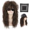 imagekarlery 70s 80s Long Brown Curly Mullet Wig with Bandana Punk Rocker Metal Wig for Halloween Costume Party