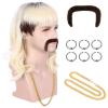 imagekarlery 70s 80s Rocker Mullet Long Wave Beige Blonde Dark Root Mutsache Wig with 6 Earrings and Golden Necklace Halloween Costume Cosplay Wig