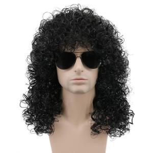 karlery 70s 80s Mens Long Curly Black Wig Afro Punk Rocker Halloween Party Costume Wig(Black)