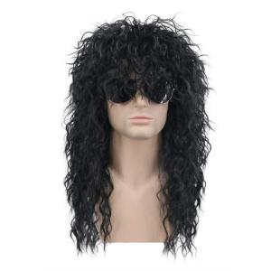 karlery 70s 80s Rocker Metal Mullet Wig Mens Long Curly Black Wig for Halloween Costume Anime Party(Black)
