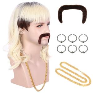 karlery 70s 80s Rocker Mullet Long Wave Beige Blonde Dark Root Mutsache Wig with 6 Earrings and Golden Necklace Halloween Costume Cosplay Wig