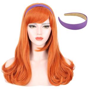 karlery Adult Women Long Blonde Wavy 70s Hippie Princess Wig Heat Resistant Synthetic Fiber Soft Adjustable Size Cap Cosplay Event Costume Halloween Party Wig(Orange)