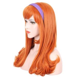 karlery Adult Women Long Curly Orange Bangs Wig Halloween Cosplay Costume Party Wig (Free Purple Headband and Wig Cap)