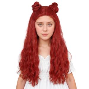 karlery Girls Long Red Curly Wig with Buns Halloween Cosplay Party Costume Wig