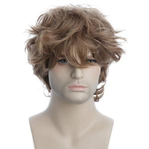 karlery Male Mens Short Curly Fluffy Brown Wig with Bang Halloween Cosplay Wig