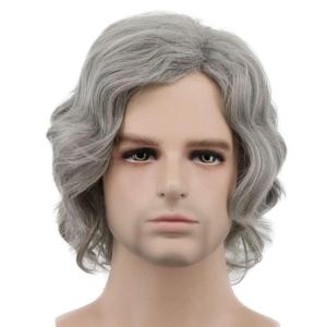 karlery Men Short Bob Wave Gray Wig Halloween Cosplay Wig Anime Costume Party Wig(Gray)