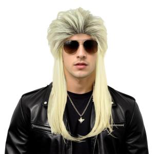 karlery Men Women Long Straight Grey and Silver Wig 70s 80s Mullet Punk Rocker Wig Heat Resistant Synthetic Fiber Brethable Adjustable Size for Cosplay Halloween Costume Party(Blonde)