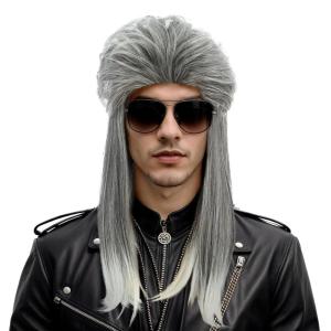 karlery Men Women Long Straight Grey and Silver Wig 70s 80s Mullet Punk Rocker Wig Heat Resistant Synthetic Fiber Brethable Adjustable Size for Cosplay Halloween Costume Party(Grey)