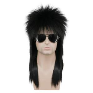 karlery Men Women Long Straight Orange Ginger Mullet Wig 70s 80s Heavy Metal Rocker Punk Wig for Cosplay Event Costume Halloween Party(Black)