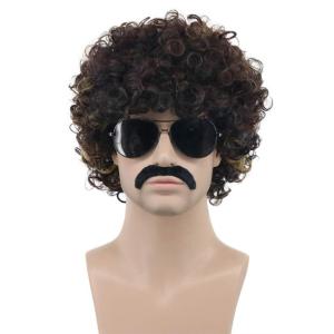 karlery Men Women Rocker Short Bob Curly Brown Gold Mustache Beard Disco Wig California Halloween Cosplay Afro Wig Anime Costume Party Wig(Brown)