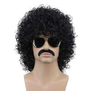 karlery Mens Short Curly Black Mustache Beard Afro Wig California Rocker Disco Halloween Cosplay Anime Costume Party Wig (Black)(Black)