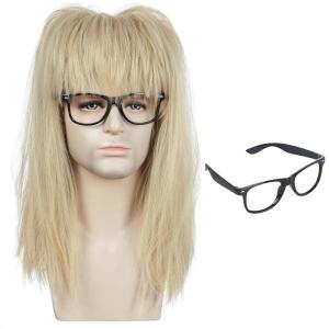 karlery Mens Womens Long Blonde Straight Wig with Black Glasses 70s 80s Streetwear Mullet Heavy Metal Punk Outfit Funny Wig Heat Resistant Synthetic Fiber Cosplay Halloween Costume Party Wig(Blonde and Black Glasses)