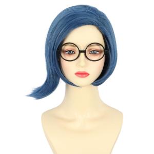 karlery Women Adult Short Blue Bob Wig with Glasses Halloween Cosplay Party Costume Wig