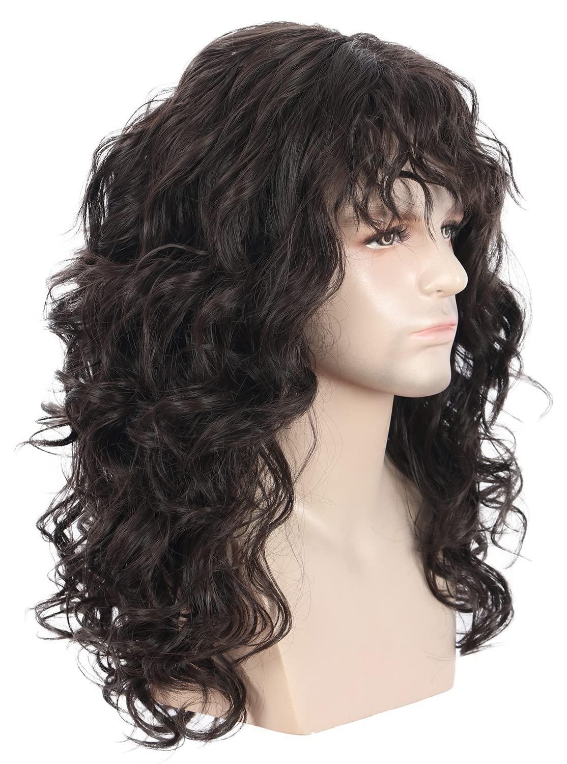 imagekarlery Men Long Brown Wave Wig with Bandana 80s Heavy Metal Punk Rocker Costume Wig for Halloween Cosplay PartyDark Brown