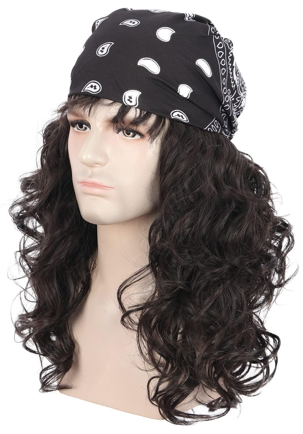 imagekarlery Men Long Brown Wave Wig with Bandana 80s Heavy Metal Punk Rocker Costume Wig for Halloween Cosplay PartyDark Brown