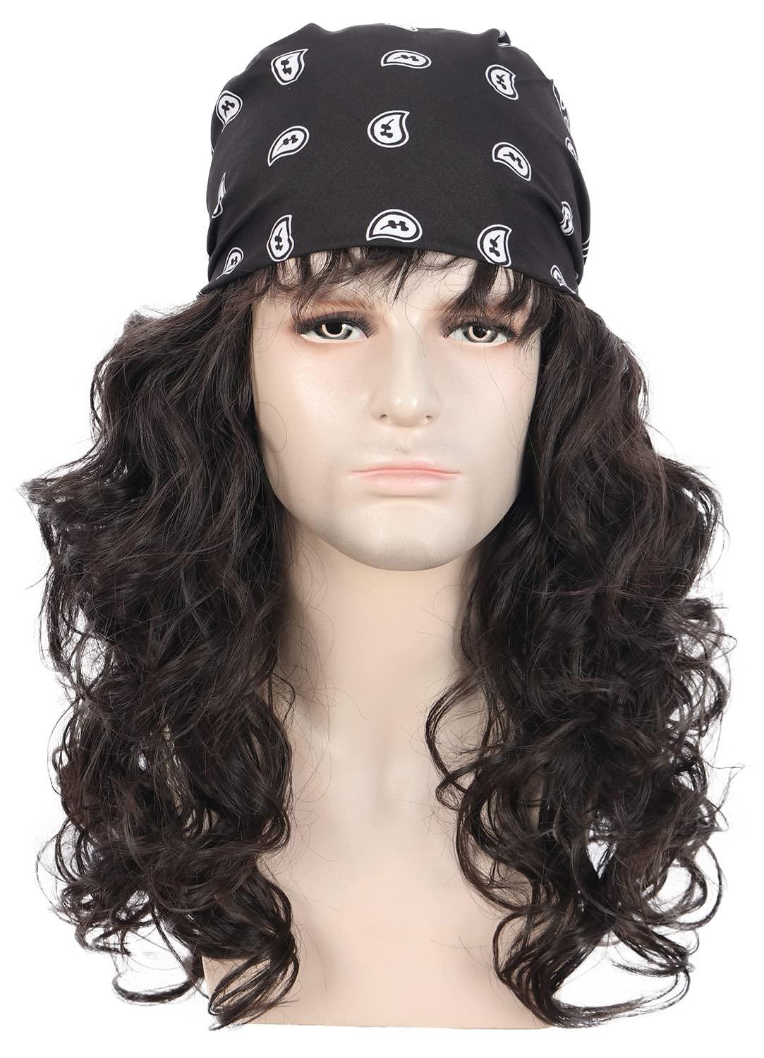 imagekarlery Men Long Brown Wave Wig with Bandana 80s Heavy Metal Punk Rocker Costume Wig for Halloween Cosplay PartyDark Brown