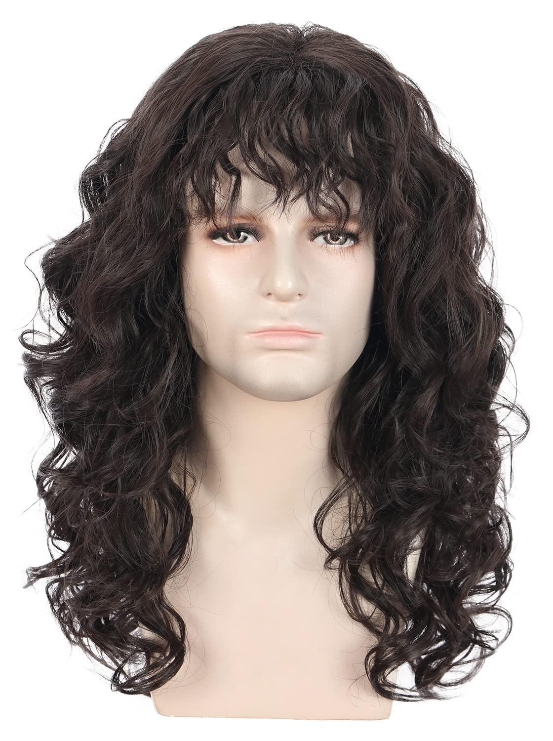 imagekarlery Men Long Brown Wave Wig with Bandana 80s Heavy Metal Punk Rocker Costume Wig for Halloween Cosplay PartyDark Brown