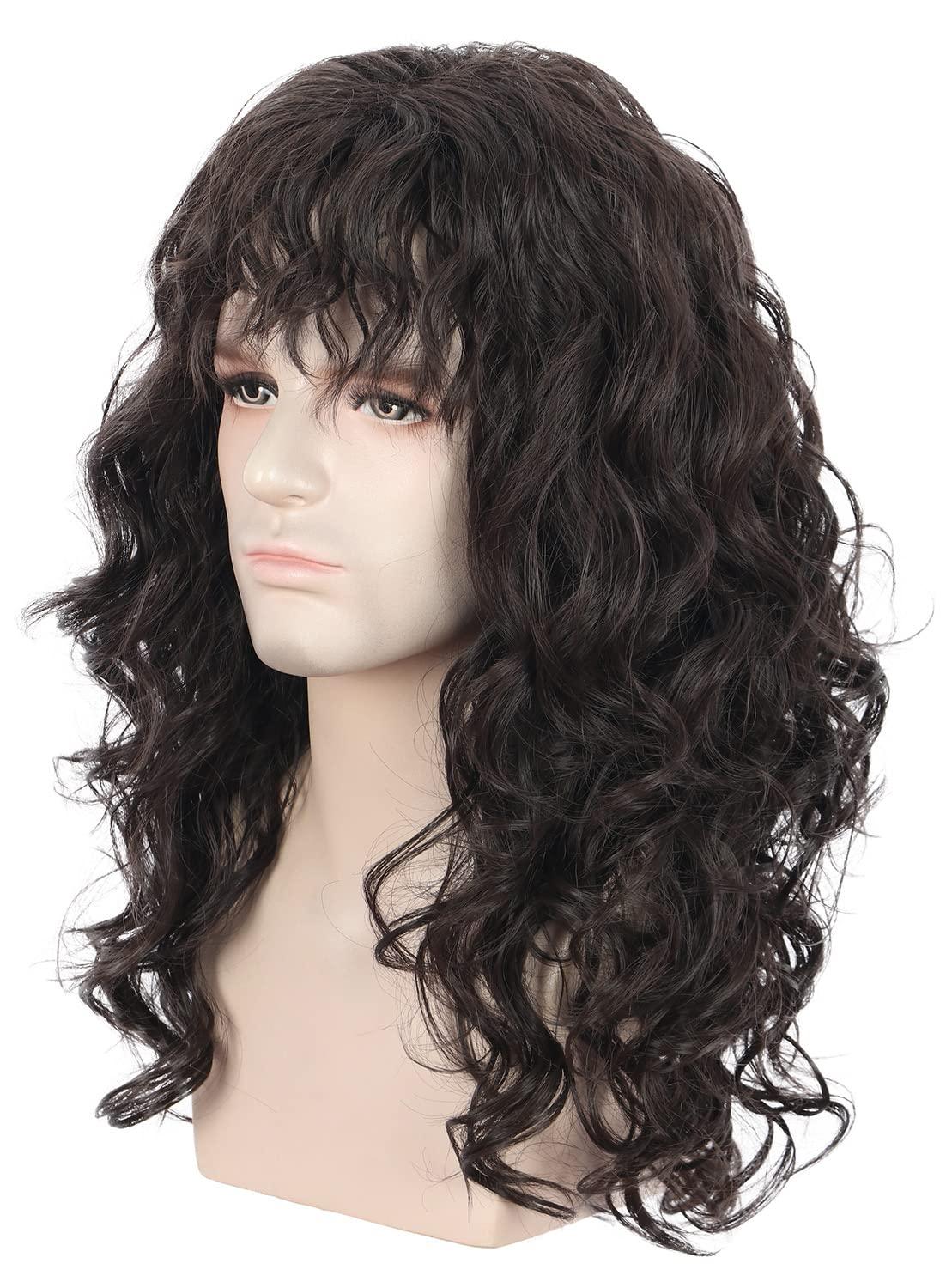 imagekarlery Men Long Brown Wave Wig with Bandana 80s Heavy Metal Punk Rocker Costume Wig for Halloween Cosplay PartyDark Brown