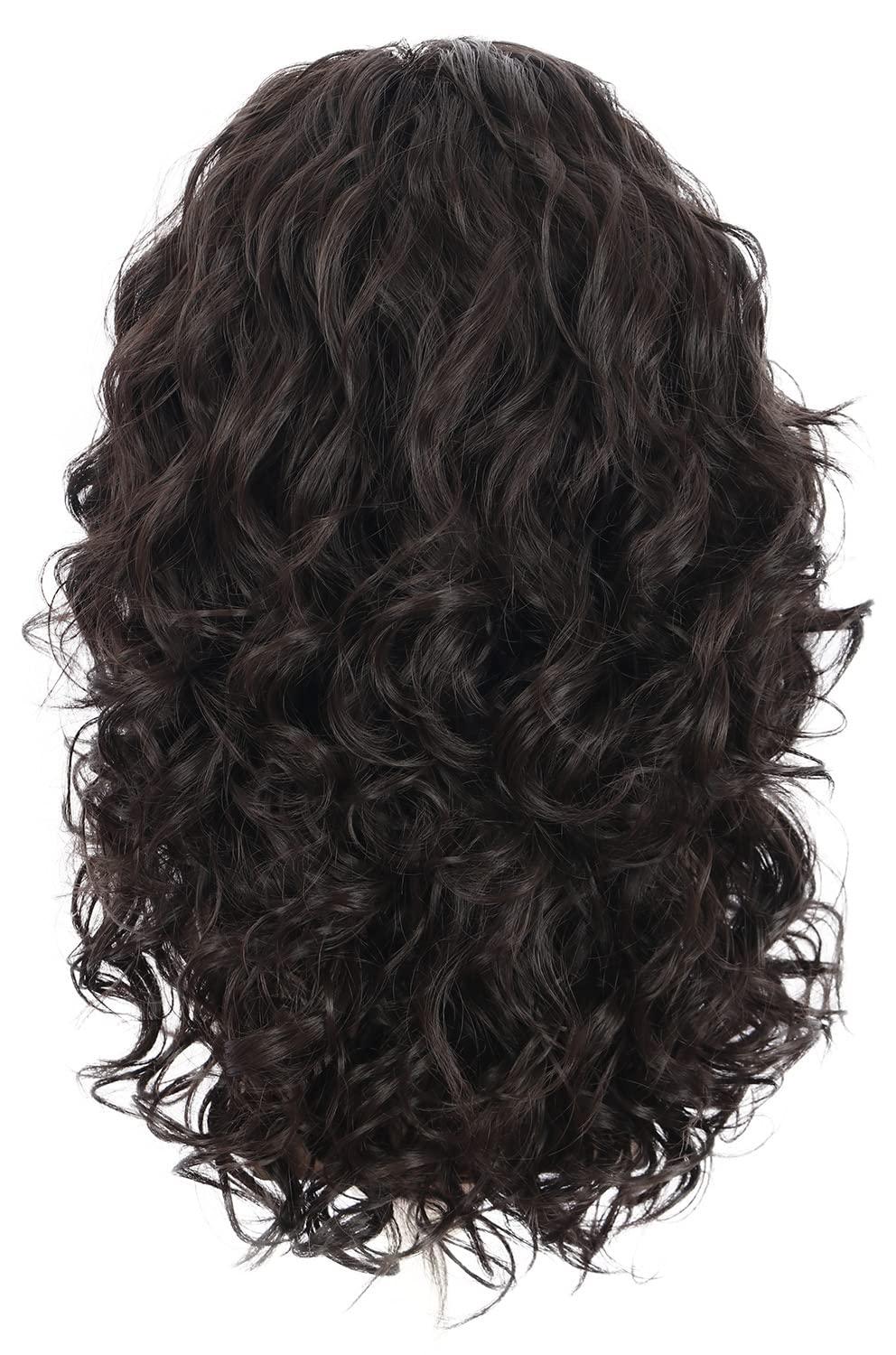 imagekarlery Men Long Brown Wave Wig with Bandana 80s Heavy Metal Punk Rocker Costume Wig for Halloween Cosplay PartyDark Brown