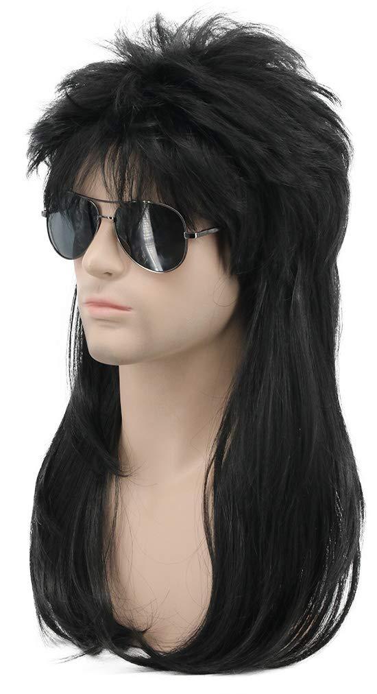 imagekarlery Men Women Long Wavy Black Mullet Wig 70s 80s Punk Rocker Wig for Halloween Costume Cosplay Party