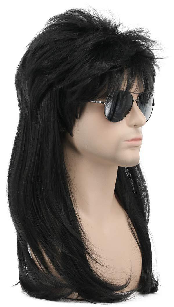 imagekarlery Men Women Long Wavy Black Mullet Wig 70s 80s Punk Rocker Wig for Halloween Costume Cosplay Party