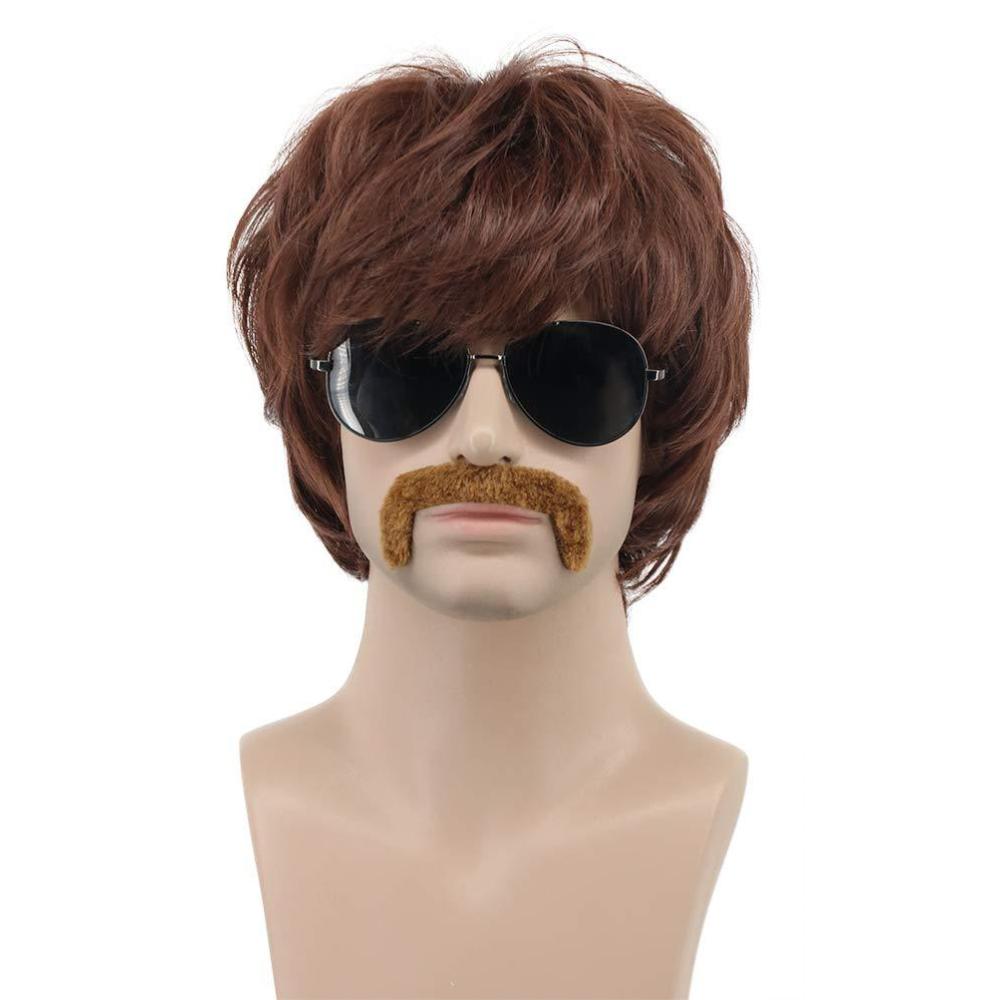 imagekarlery Men 60s 70s Short Wavy Brown Wig with Mustache Sonny Bono Disco Hippie Singer Wig for Halloween Costume Party