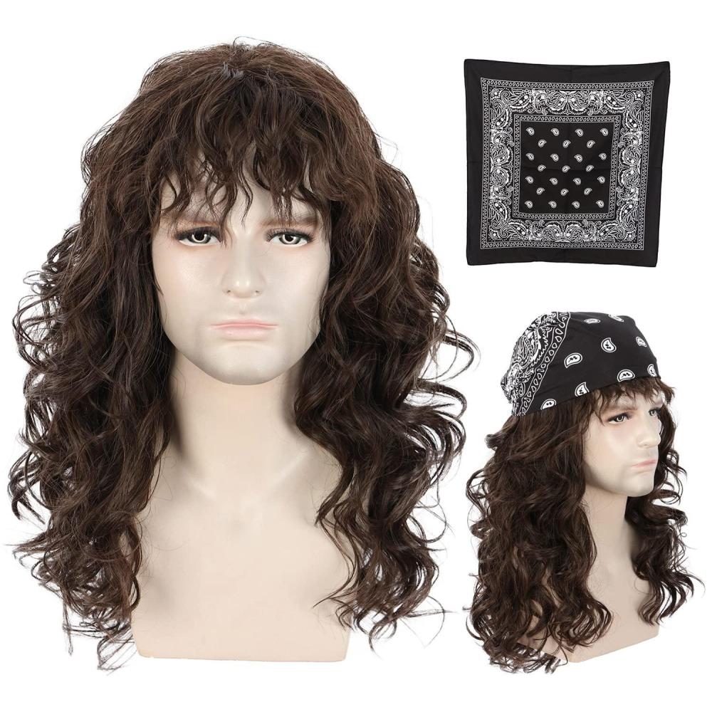 imagekarlery Men Long Brown Wave Wig with Bandana 80s Heavy Metal Punk Rocker Costume Wig for Halloween Cosplay PartyBrown