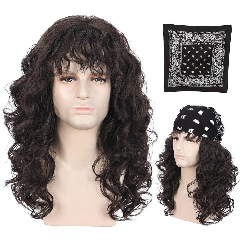imagekarlery Men Long Brown Wave Wig with Bandana 80s Heavy Metal Punk Rocker Costume Wig for Halloween Cosplay PartyDark Brown