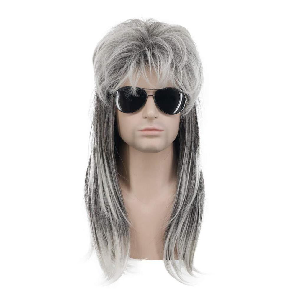 imagekarlery Men Mullet Wig Long Wave Grey and White 70s 80s Metal Rocker Party Wig Halloween Costume Wig