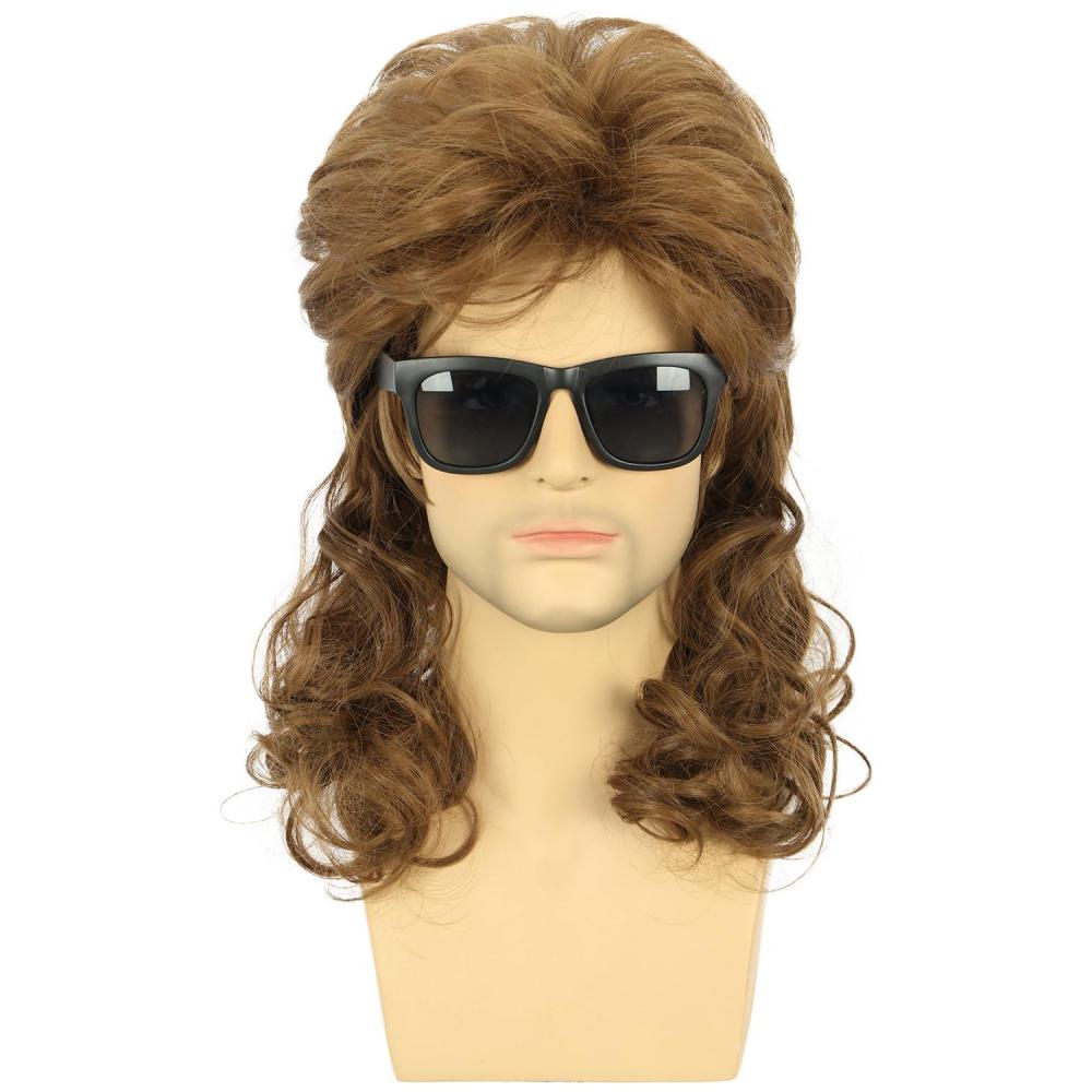 imagekarlery Men Women Long Curly Dark Brown 70s 80s Heavy Metal Rocker Mullet Wig Costume Anime WigBrown