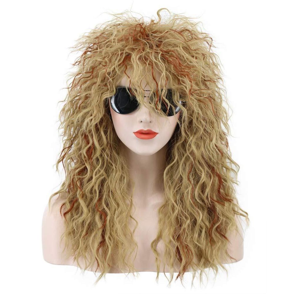 imagekarlery Men Women Long Curly Orange Mix Blonde 70s Heavy Metal Rocker Mullet Wig 80s Costume Anime Wig