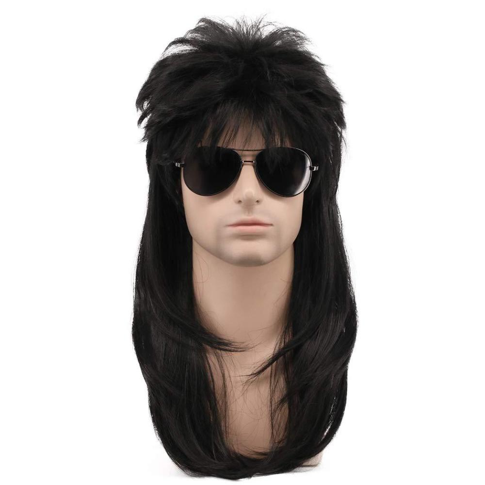imagekarlery Men Women Long Wavy Black Mullet Wig 70s 80s Punk Rocker Wig for Halloween Costume Cosplay Party