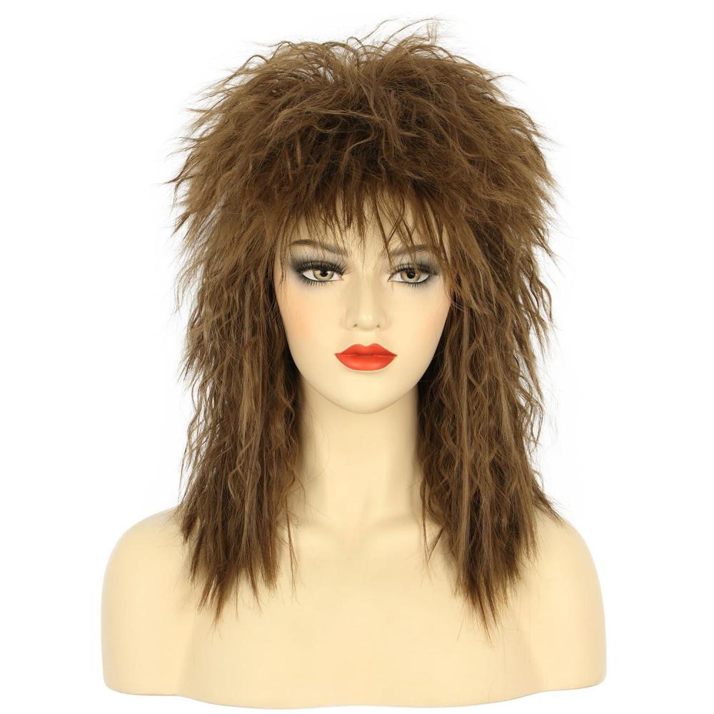 imagekarlery Women Men Long Curly Brown Wig 70s 80s Rocker Mullet Costume Wig Halloween Cosplay Party Wig