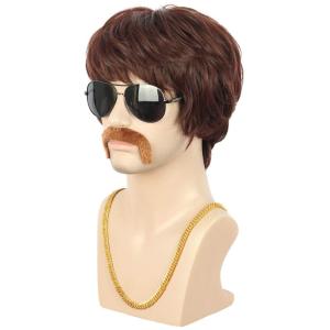 karlery Adult Men Short Straight Brown California 70s 80s Rocker Moustache Disco Wig with Necklace Halloween Costume Cosplay Anime Wig