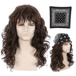 karlery Men Long Brown Wave Wig with Bandana 80s Heavy Metal Punk Rocker Costume Wig for Halloween Cosplay Party(Brown)