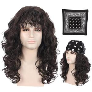 karlery Men Long Brown Wave Wig with Bandana 80s Heavy Metal Punk Rocker Costume Wig for Halloween Cosplay Party(Dark Brown)
