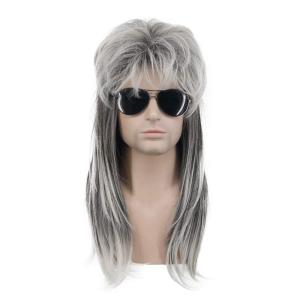 karlery Men Mullet Wig Long Wave Grey and White 70s 80s Metal Rocker Party Wig Halloween Costume Wig