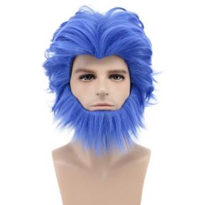 karlery Men Short Wave Blue Moustache Wig Halloween Cosplay Wig Anime Costume Party Wig
