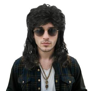 karlery Men Women Long Curly Dark Brown 70s 80s Heavy Metal Rocker Mullet Wig Costume Anime Wig(Black)